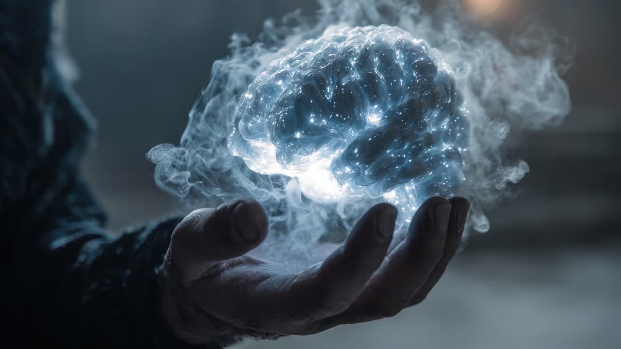 A Hand Holding a Glowing Brain: Symbolizing Knowledge, Creativity, and the Mysteries of the Mind Amidst a Misty Background