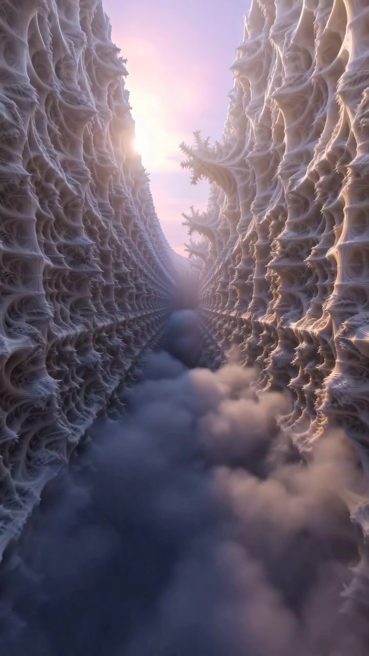 Sequenza in time-lapse che mostra la progressione dall'avvicinamento quasi all'uscita attraverso un'alta e stretta gola formata da guglie organiche ripetute.