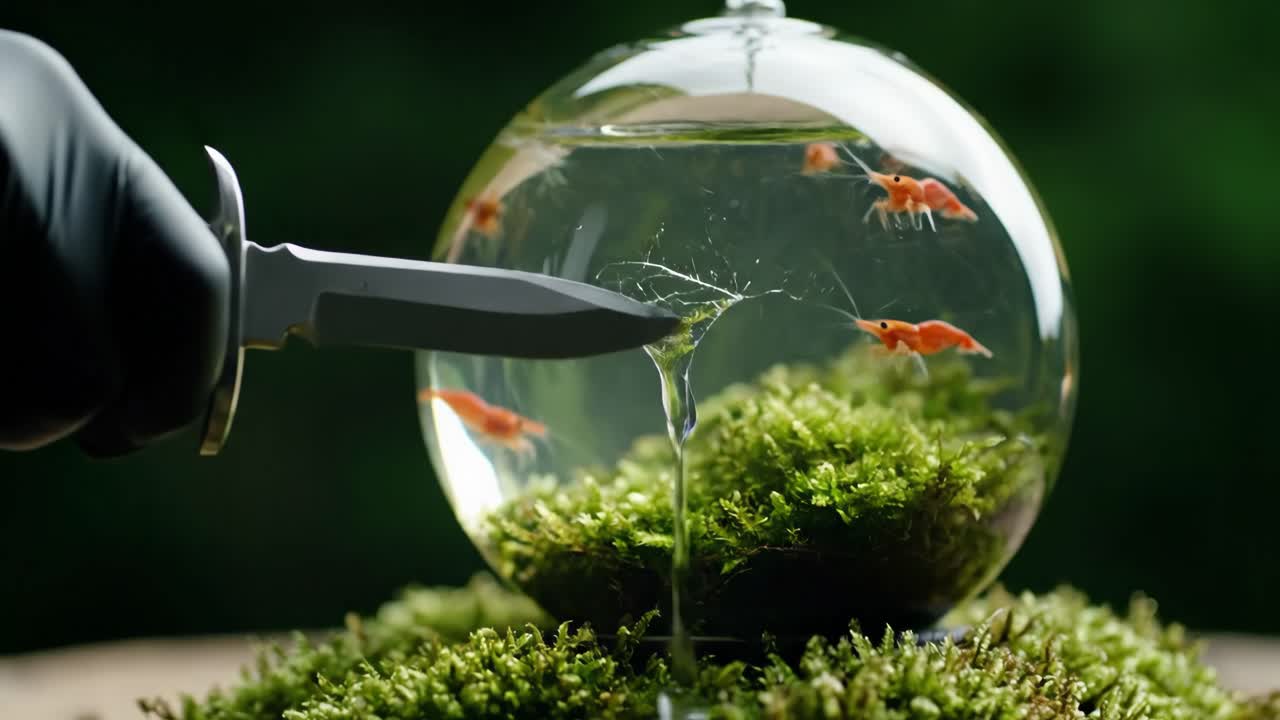 Shrimp terrarium with cracked glass and knife