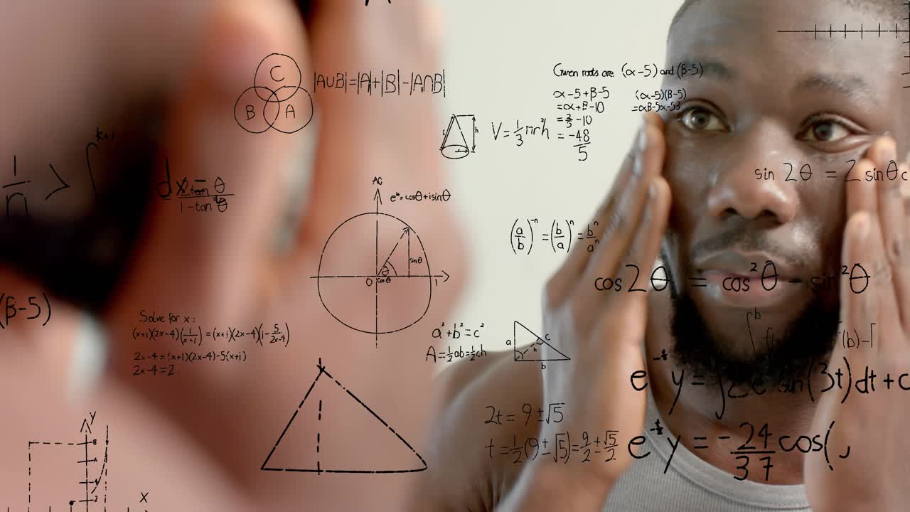 Man pressing face, viewing mirror, camera pulling back and revealing math diagrams aiding education