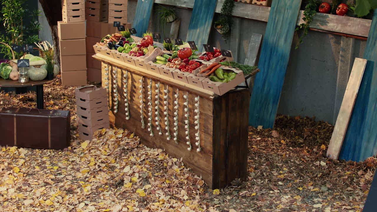 Autumn Market Stall with Fresh Produce and Fall Leaves