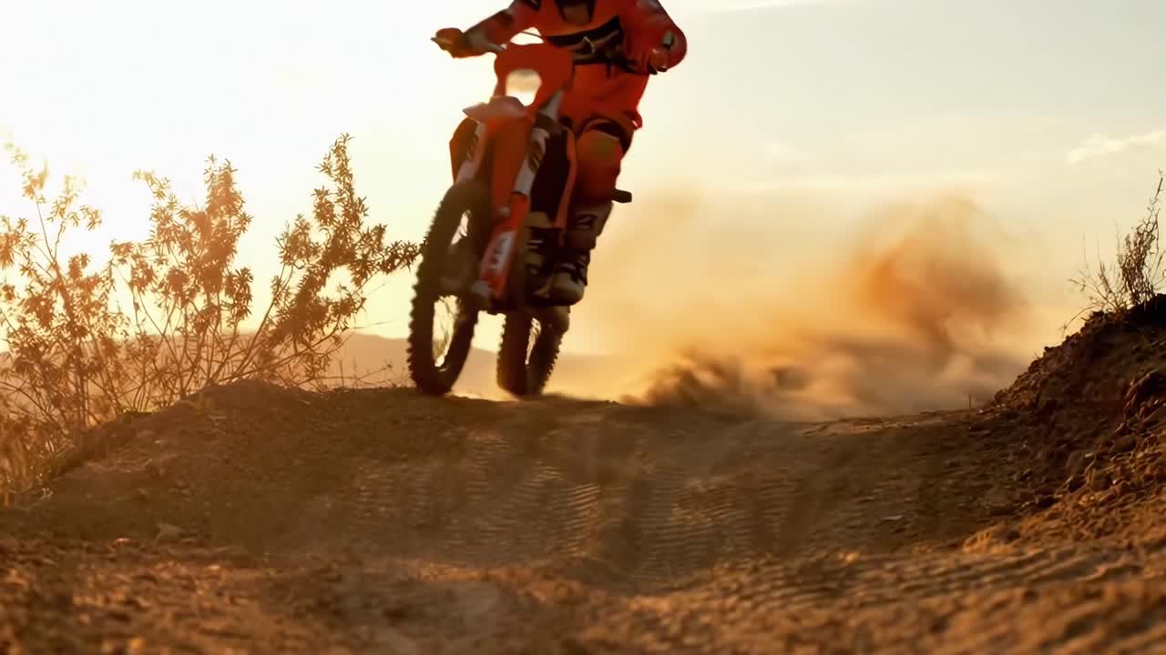 Pilota di motocross che alza polvere all'ora d'oro
