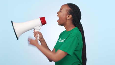 volunteer woman, megaphone and voice for protest