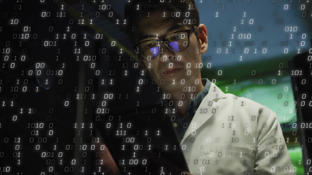 Male scientist in data center gazing tablet, causing binary digits spreading and confirming result