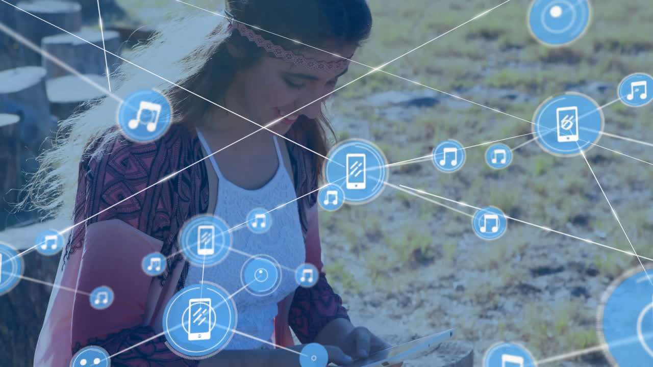 animación de la red de conexiones con dispositivos iconos sobre mujer caucásica con tableta