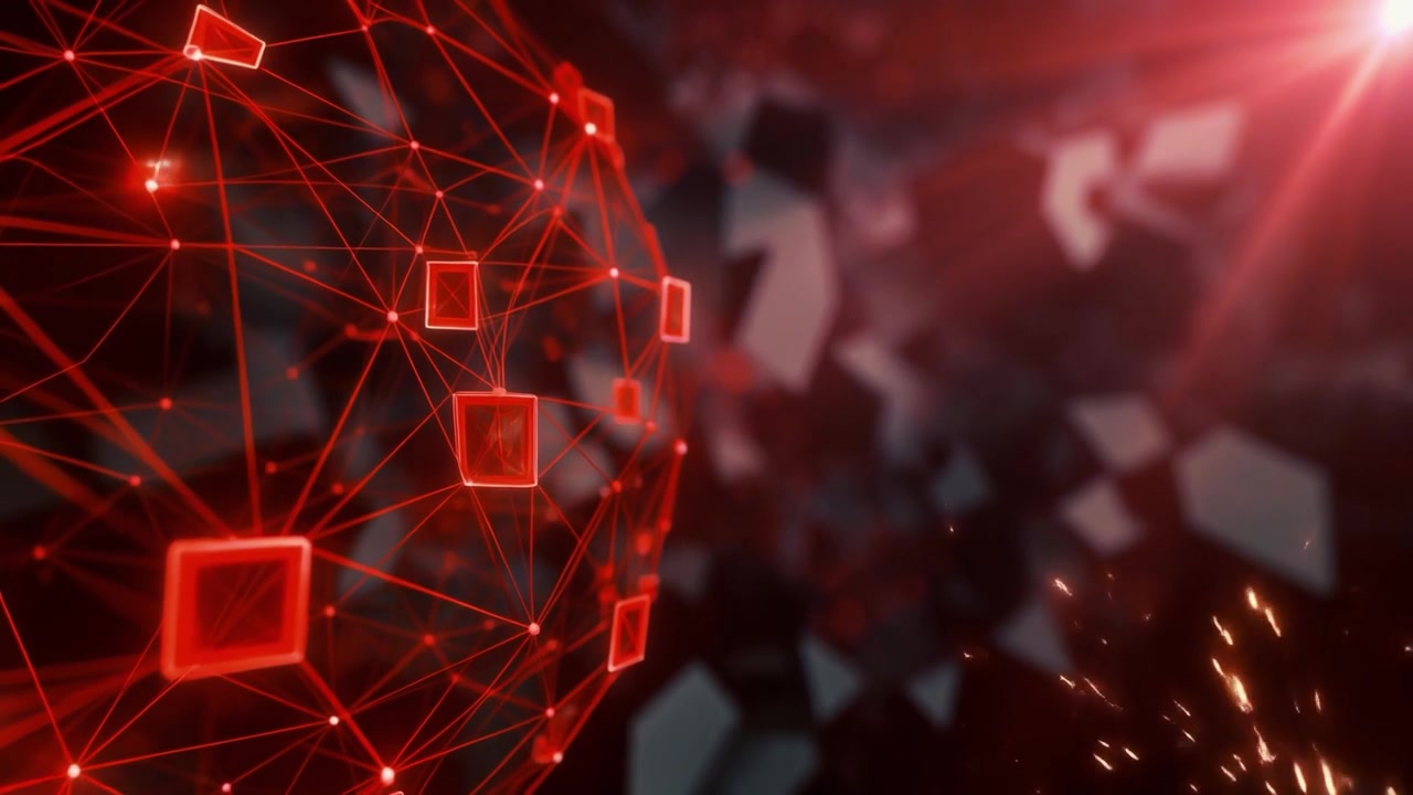 Abstract Red Digital Network Sphere with Floating Particles