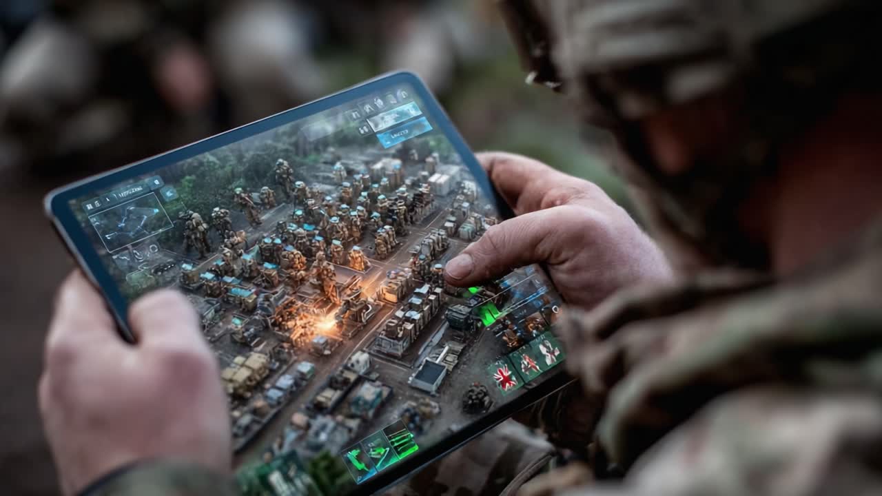 A Soldier Strategically Engaged in a Military Simulation on a Tablet, Commanding Forces in an Intense Tactical Scenario with Immersive Graphics