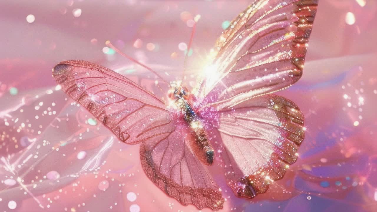 Un fermo immagine video onirico e ravvicinato di una farfalla rosa scintillante in volo, catturata da un angolo laterale