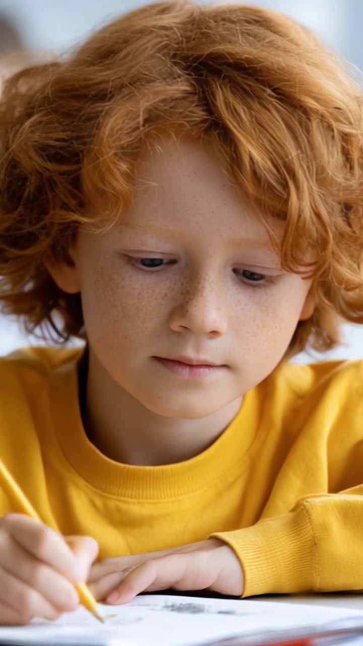 Un giovane ragazzo con le lentiggini e capelli rosso vivo che si concentra mentre disegna in un quaderno, catturando l'essenza della creatività infantile in una luminosa luce naturale.