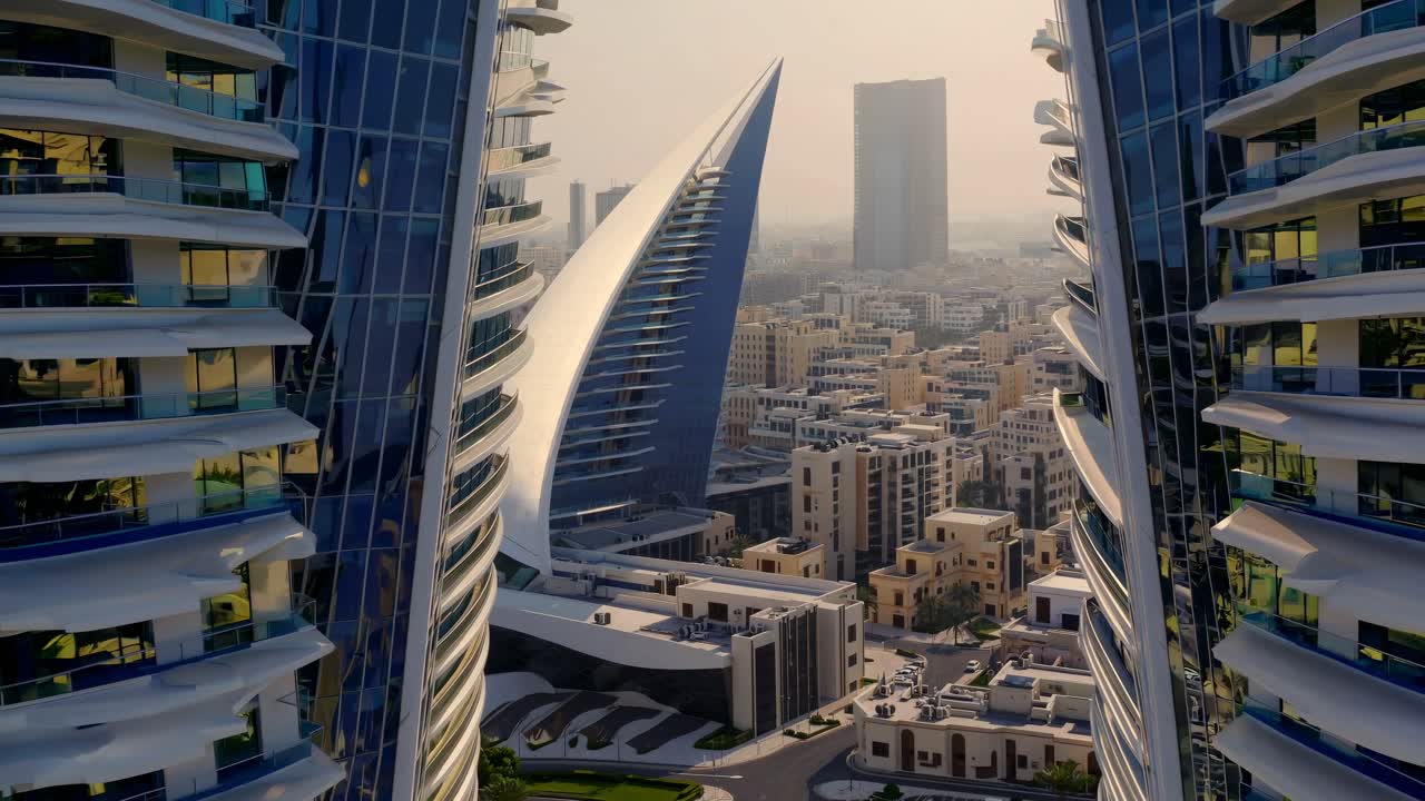 Vista aerea di architettura moderna in riva al mare, che mostra edifici eleganti e futuristici
