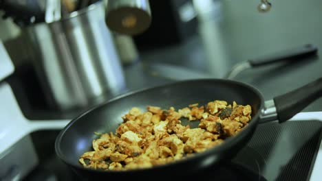toma en cámara lenta de alguien cocinando pollo chisporroteante en una sartén sobre una estufa