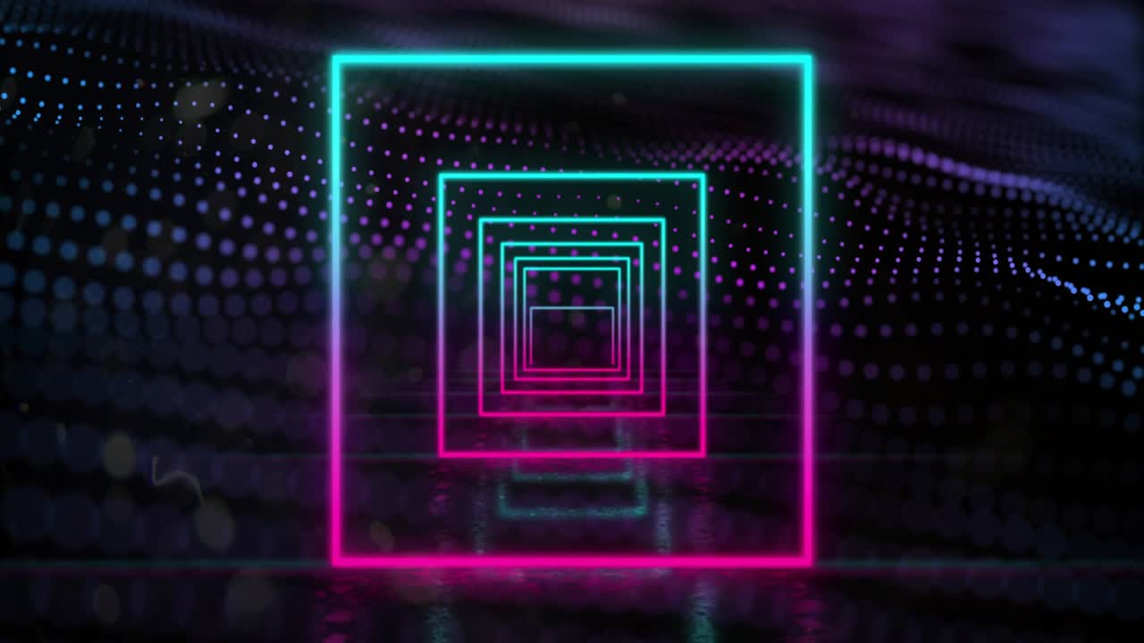 Rhythmic pulse starting neon squares pulsing and shifting, dot field drifting, forming loop tunnel