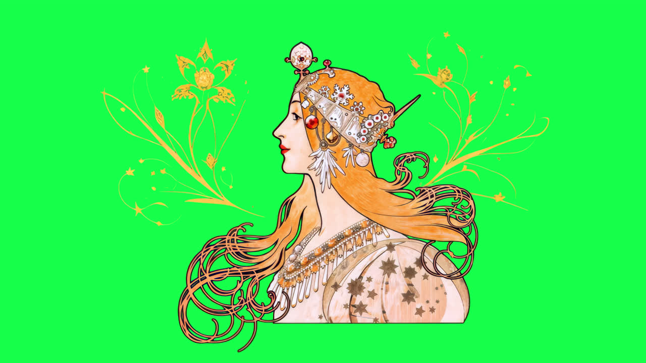 Vintage art nouveau woman animation isolated asset, transparent 4K video, alpha channel, ProRes 4444