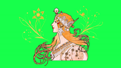 vintage art nouveau woman animation isolated asset, transparent 4k video, alpha channel, prores 4444