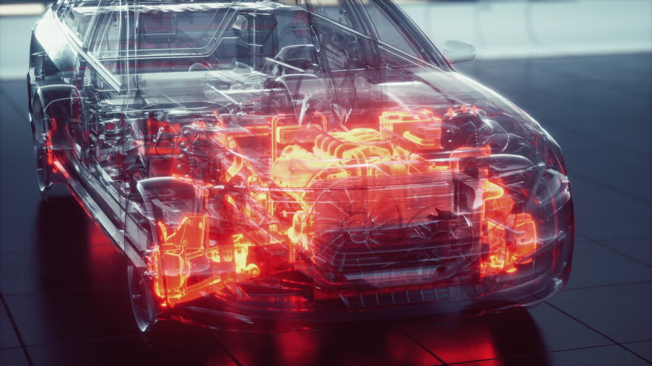 실험실에서 엔진이 있는 투명한 자동차