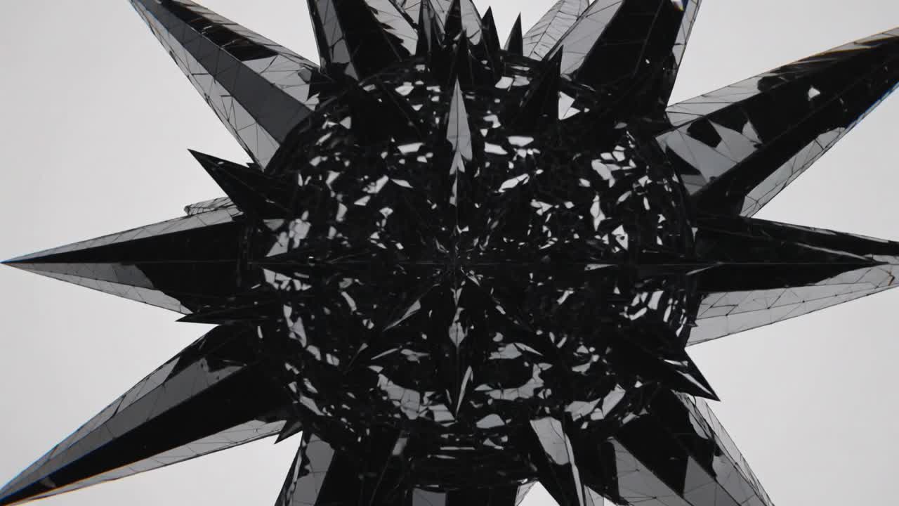 Appearing glossy black spiky star moving closer and rotating to reveal facets on pale gray backdrop