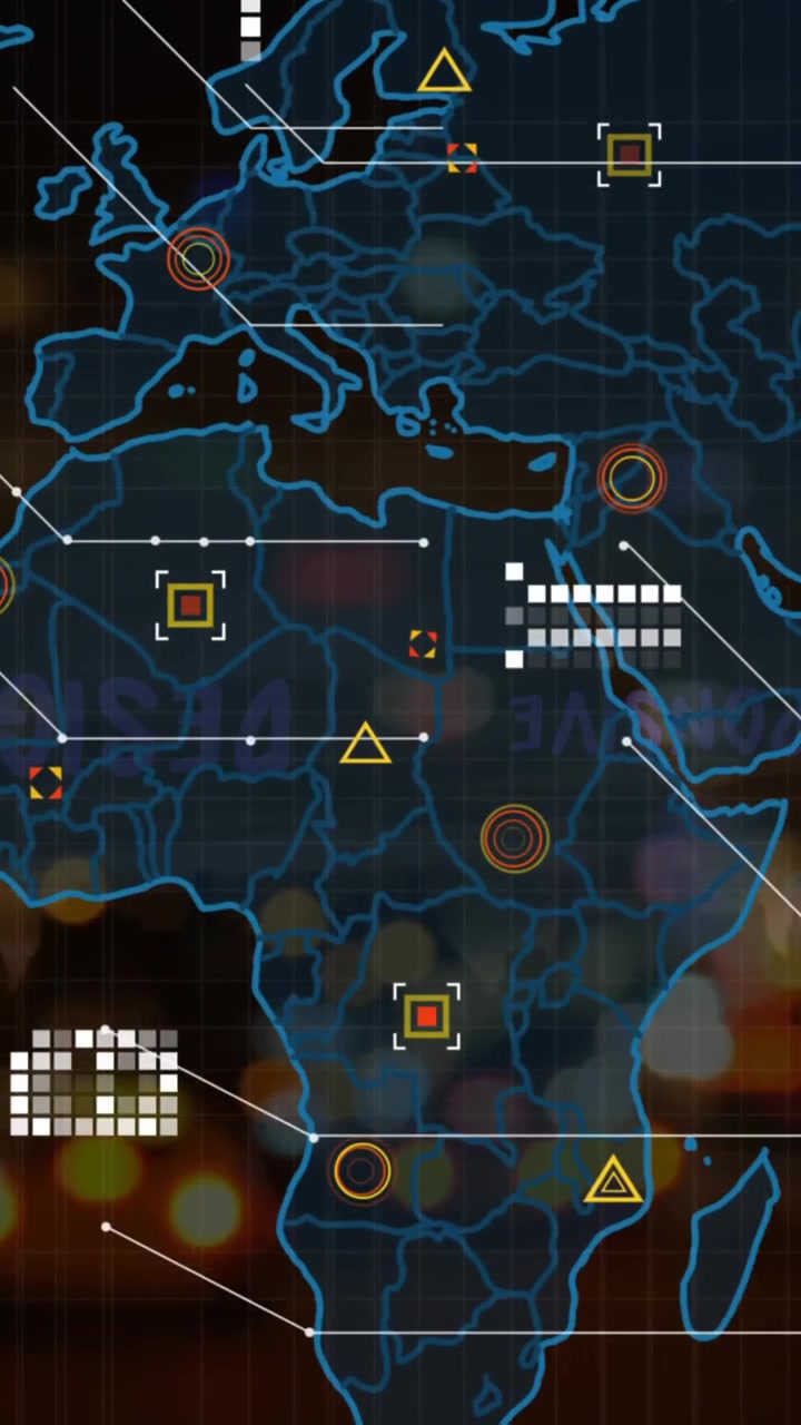 Animation of connected dots, hexagon patterns, map over defocused vehicles moving on street