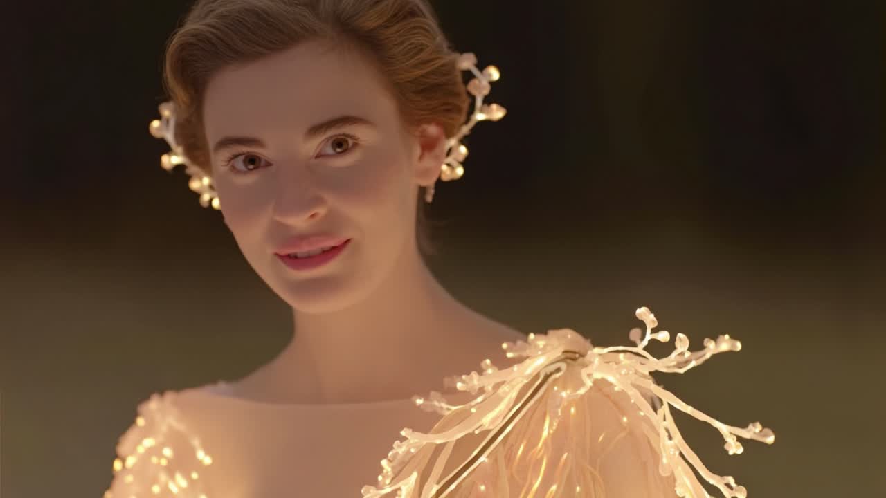 A Graceful Transformation: Captivating Moments of a Young Woman in an Enchanting Dress Adorned with Twinkling Lights, Radiating Elegance and Whimsy in a Magical Setting