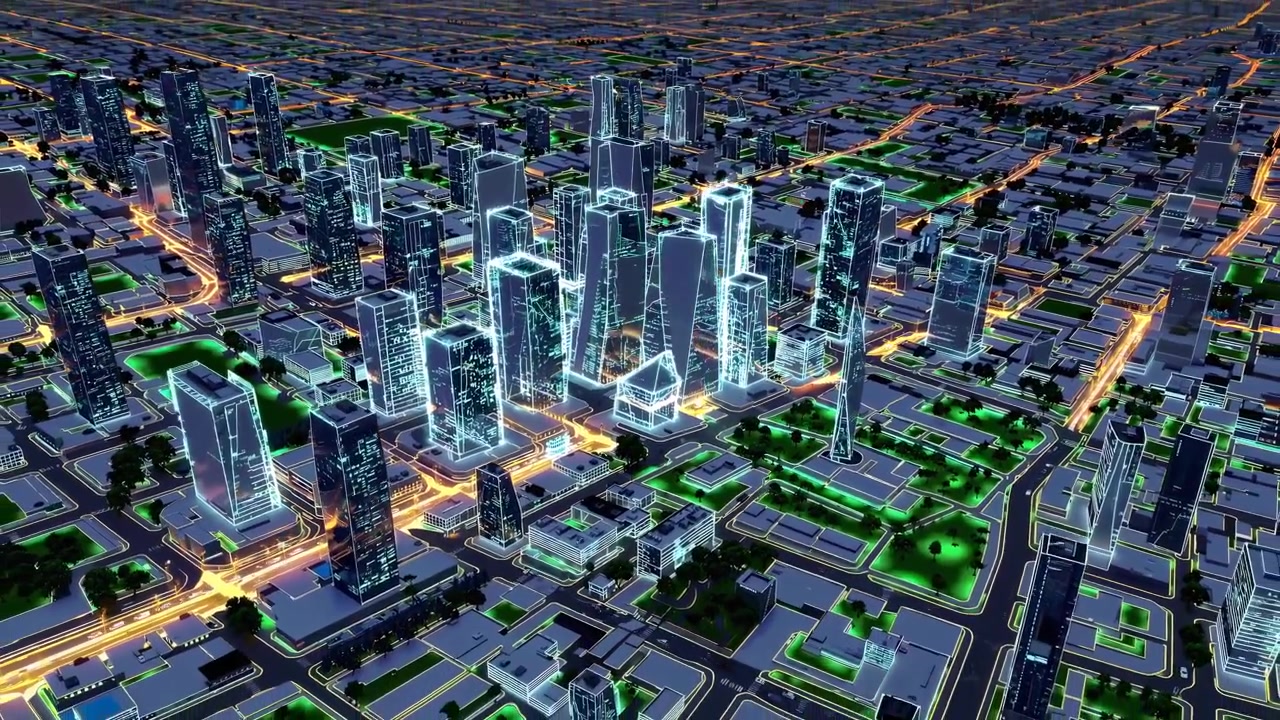 Futuristic cityscape video with glowing neon outlines.