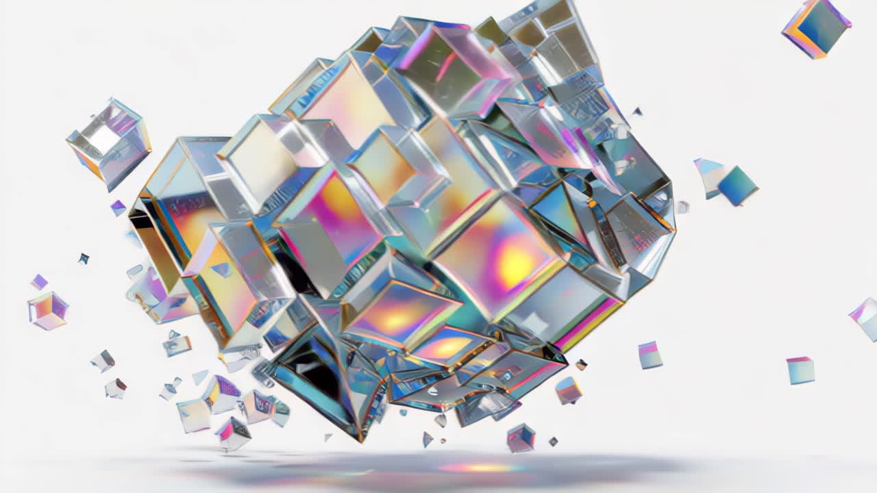 Futuristic abstract 3D render of iridescent glass cubes forming a floating cluster with scattered fragments on a clean white background, modern tech design concept