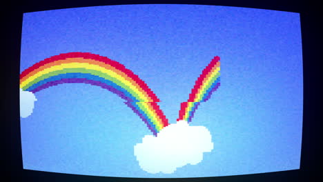 animación de arco iris y nubes blancas en pantalla azul con glitch