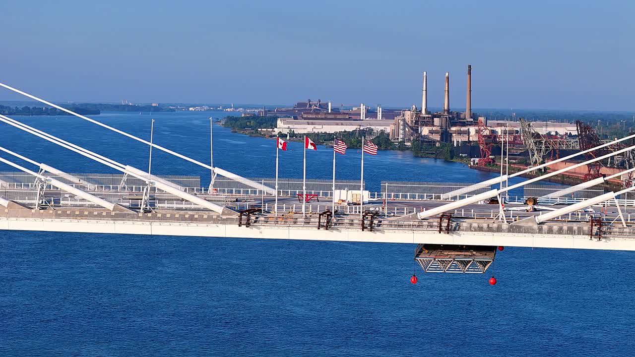 International border on Gordie Howe Bridge connecting USA and Canada over Detroit River, Detroit Michigan