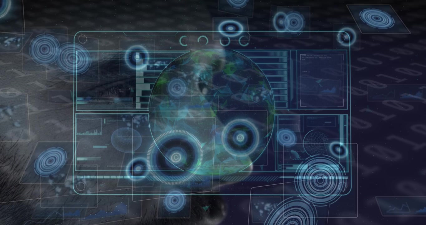 Animation of diverse data on digital screen over face of caucasian man