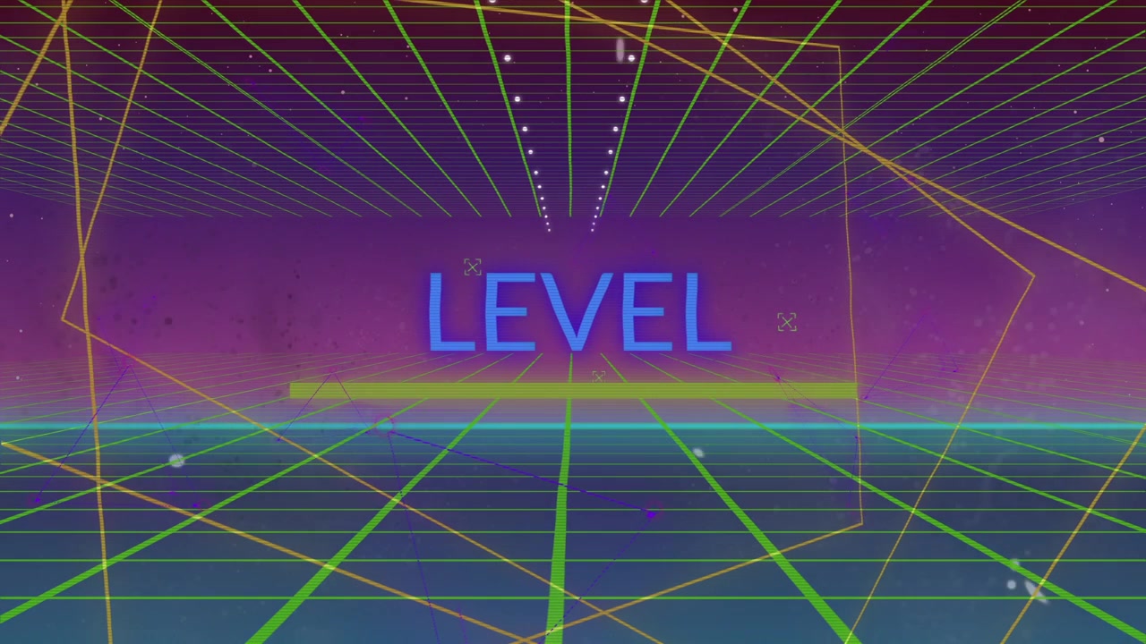 Cursor moving, unfolding neon-green bar and rising blue LEVEL indicating level loading in 3D grid