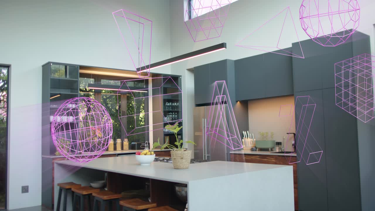 Magenta wireframes emerging from edges, orbiting and sliding around centered island, showing flow