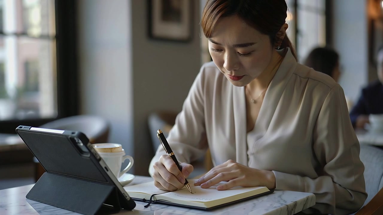 Sipping coffee, Asian woman wearing beige blouse referencing tablet and writing work notes at cafe