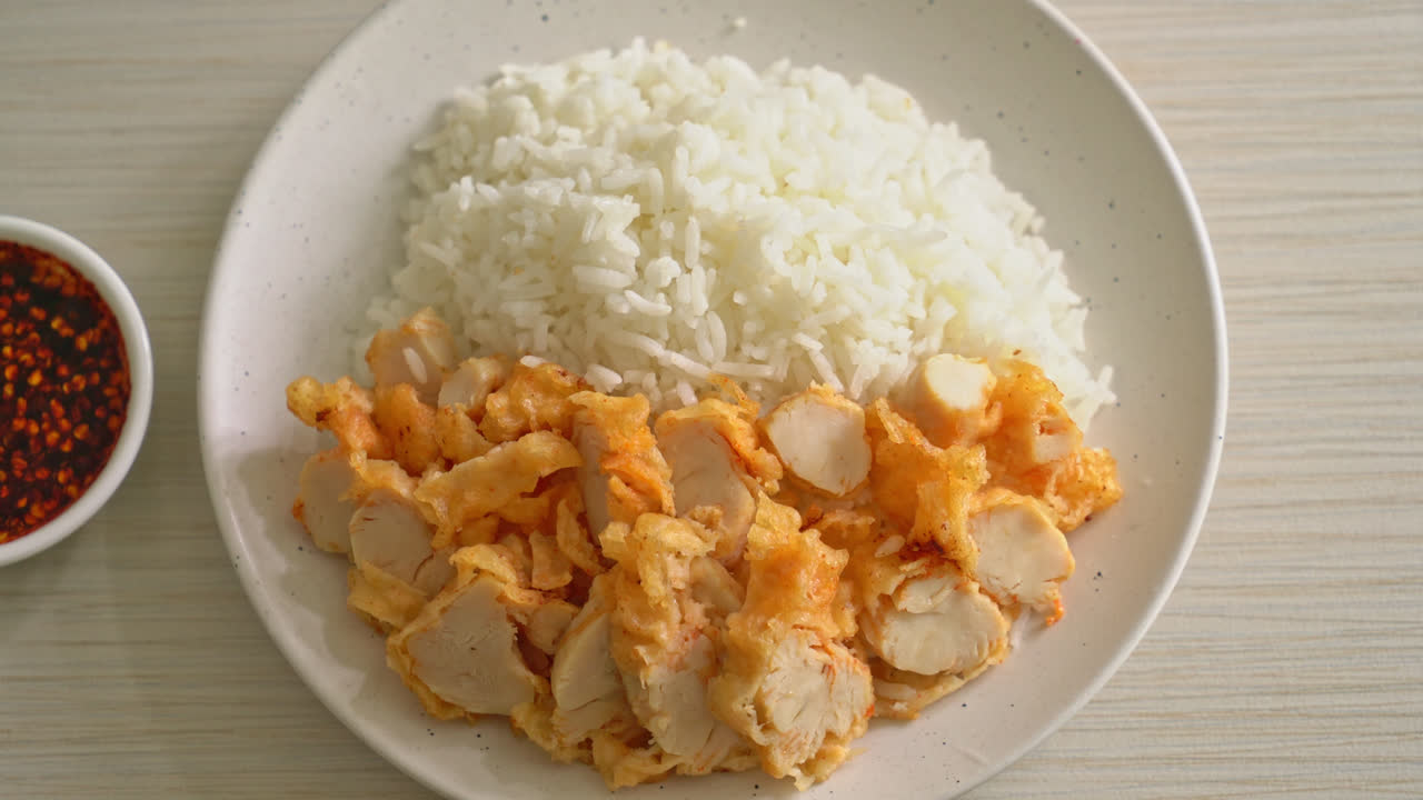 pollo frito cubierto de arroz con salsa picante