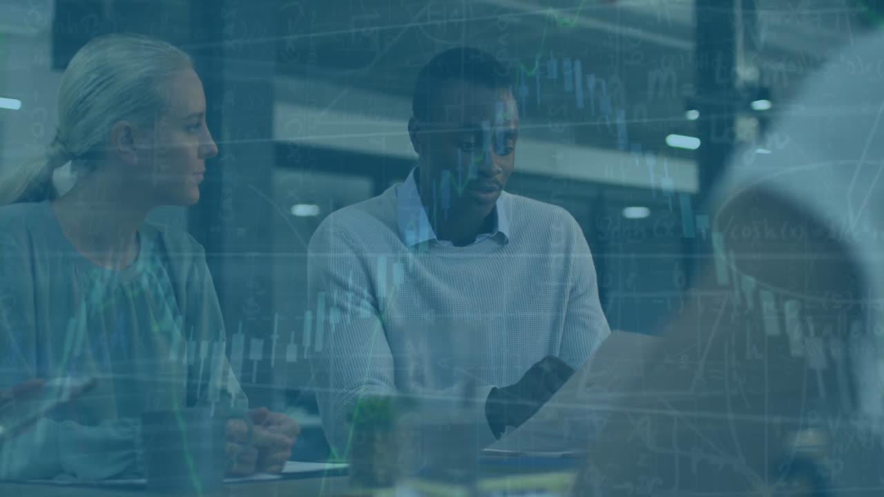 Animation of financial data processing over diverse business people in office
