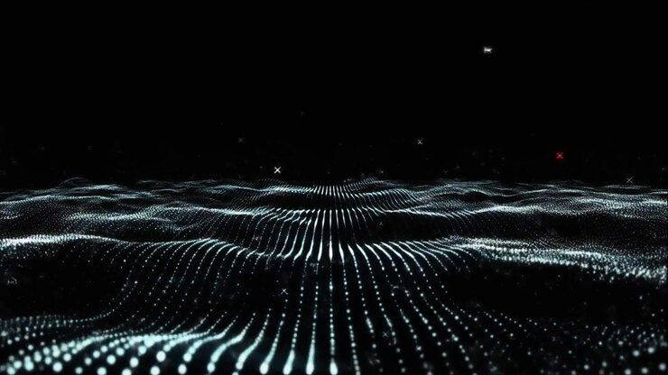 Abstract Digital Wave of Glowing Particles on Black Background