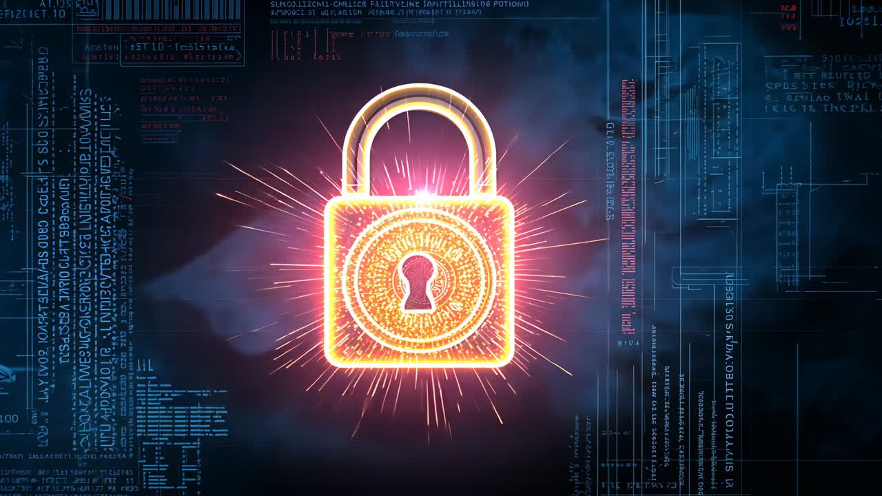 Illuminating padlock icon pulsing with sparks across dark grid securing data, with flickering code