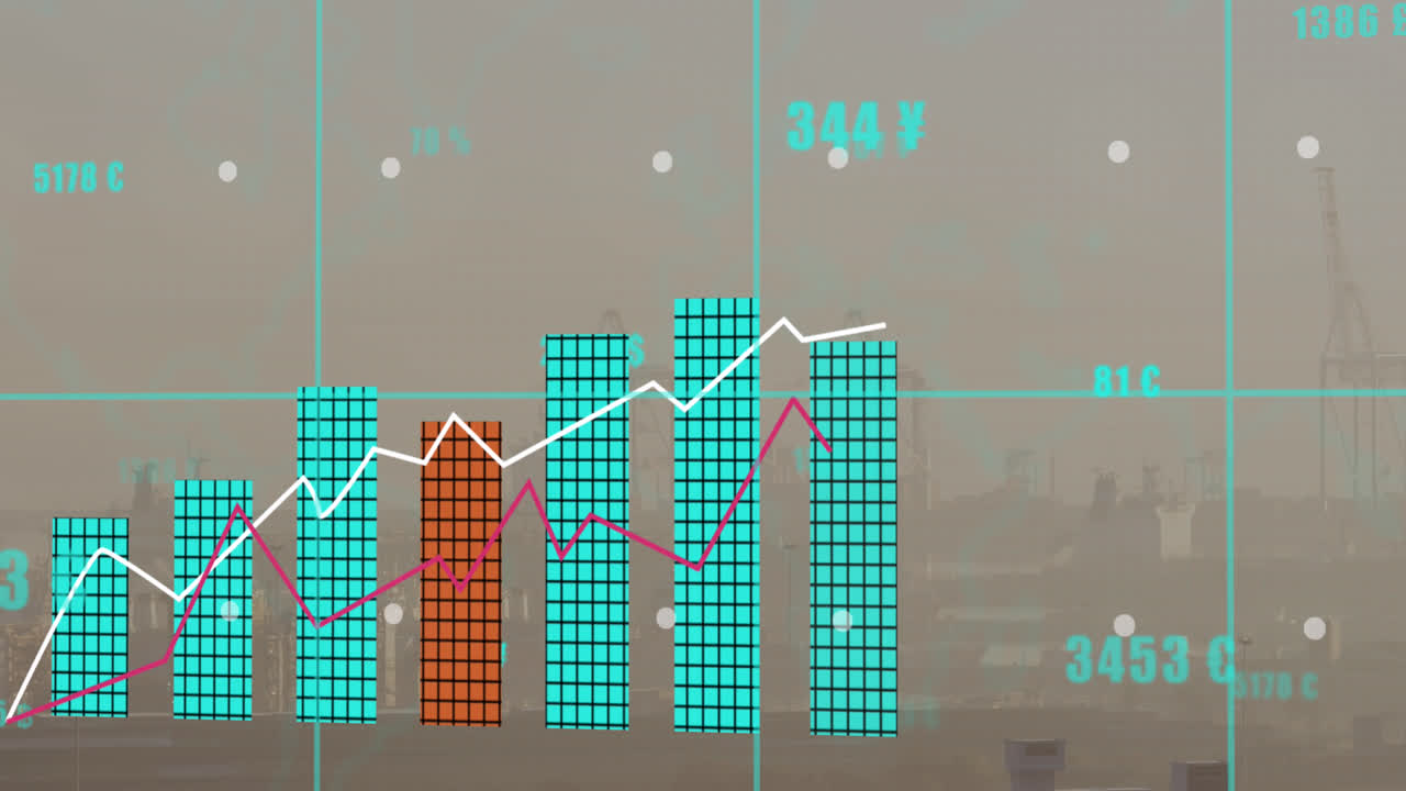 도시 풍경 위의 금융 데이터 처리 애니메이션