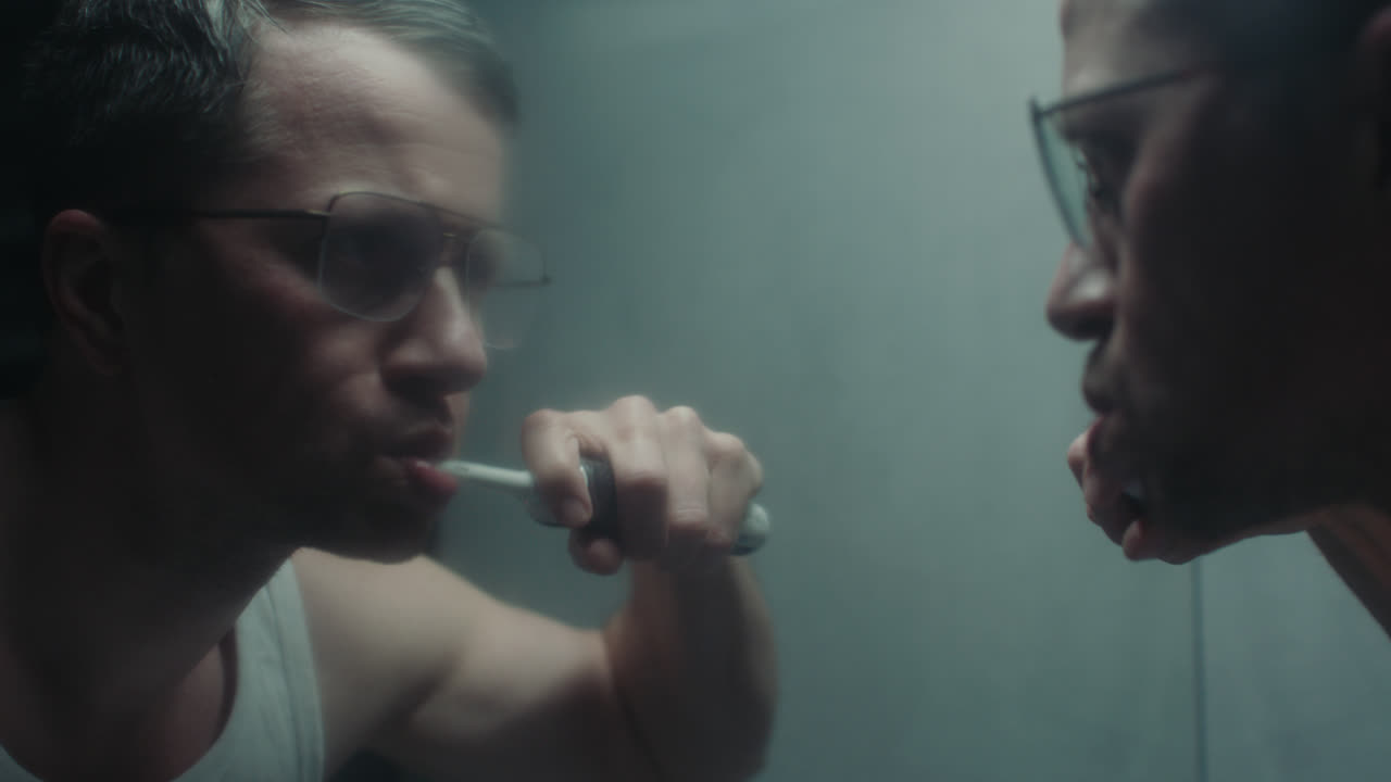 A sad man in the bathroom during his morning routine