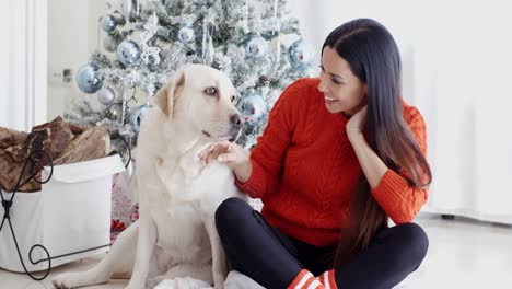 Junge-Frau-Und-Ihr-Hund-Feiern-Weihnachten