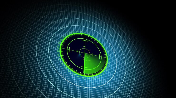 Radar screen concept. Radar scanner search for enemy aircraft and ship. 3d view of radar scan over 4k resolution.