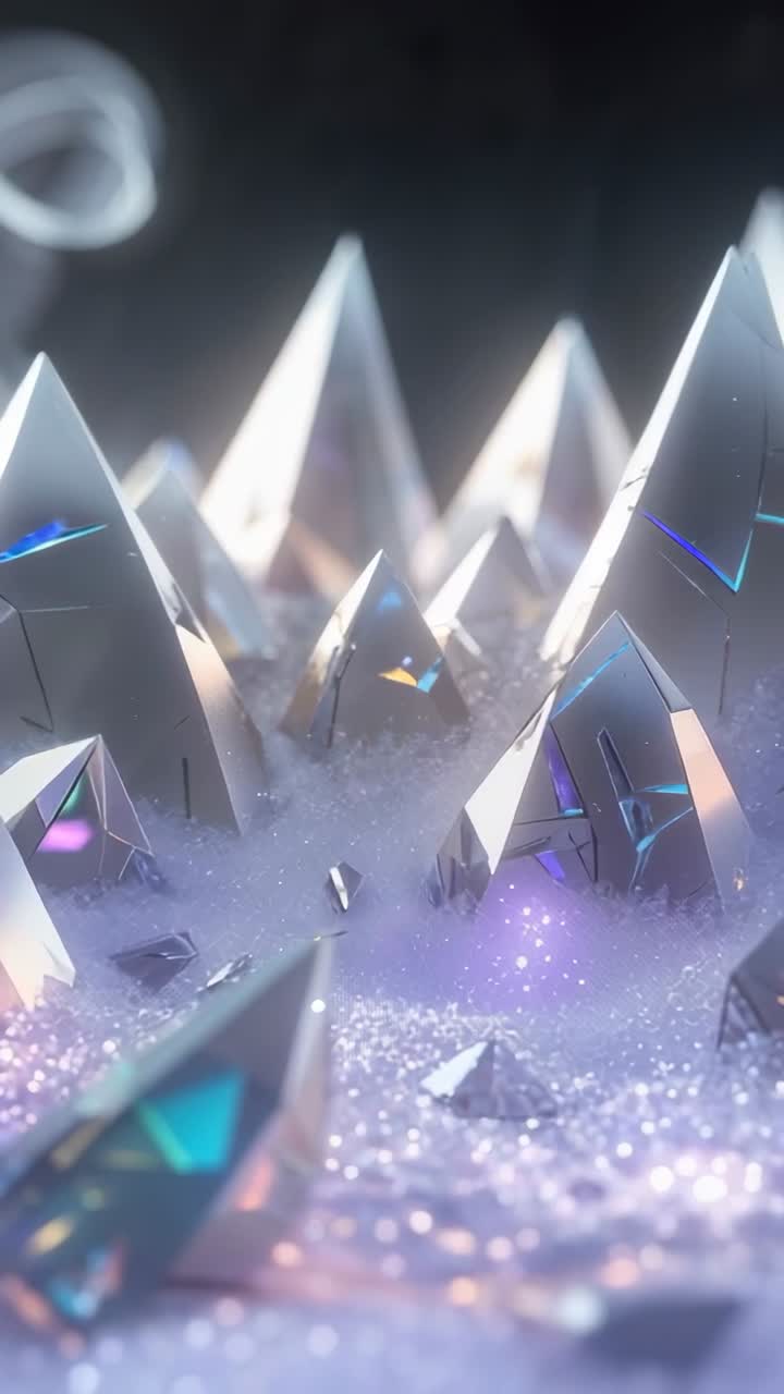 Vertical video: Moving camera revealing pyramidal crystals on dark plane, with mist and particles