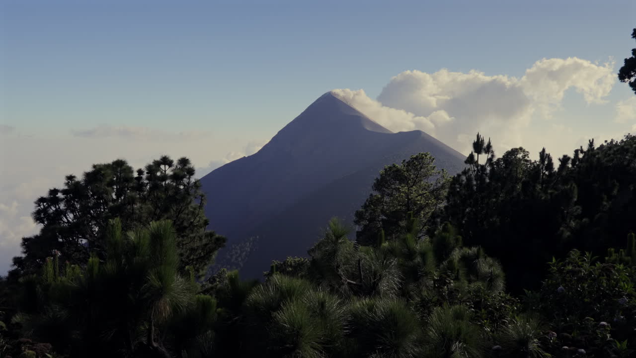Etablering af statisk sideengel af Volcan de Fuego i Guatemala, mens røgen strømmer ud af toppen