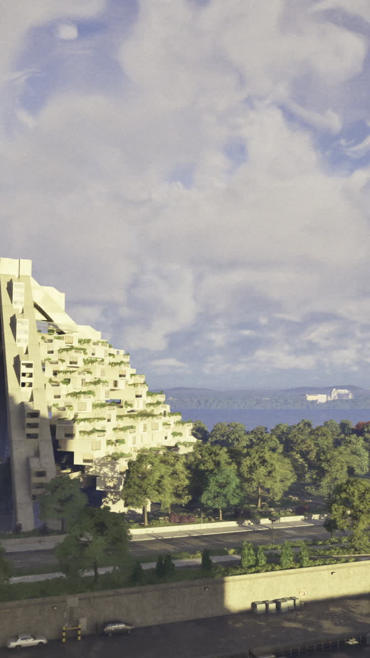 Arquitetura moderna ao longo da margem de um rio com nuvens dramáticas durante o dia