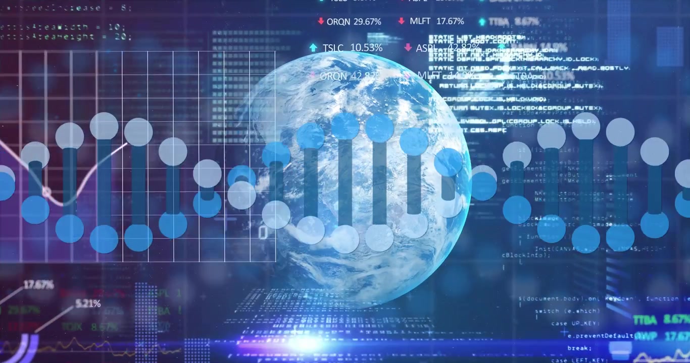 Data lines, flare activating HUD; globe rotating while dotbar chart filling for data insight