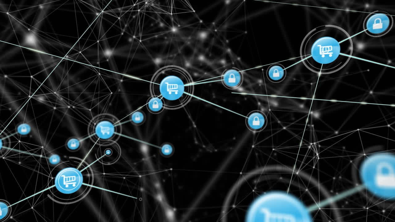 animación de redes de conexiones con iconos sobre fondo negro