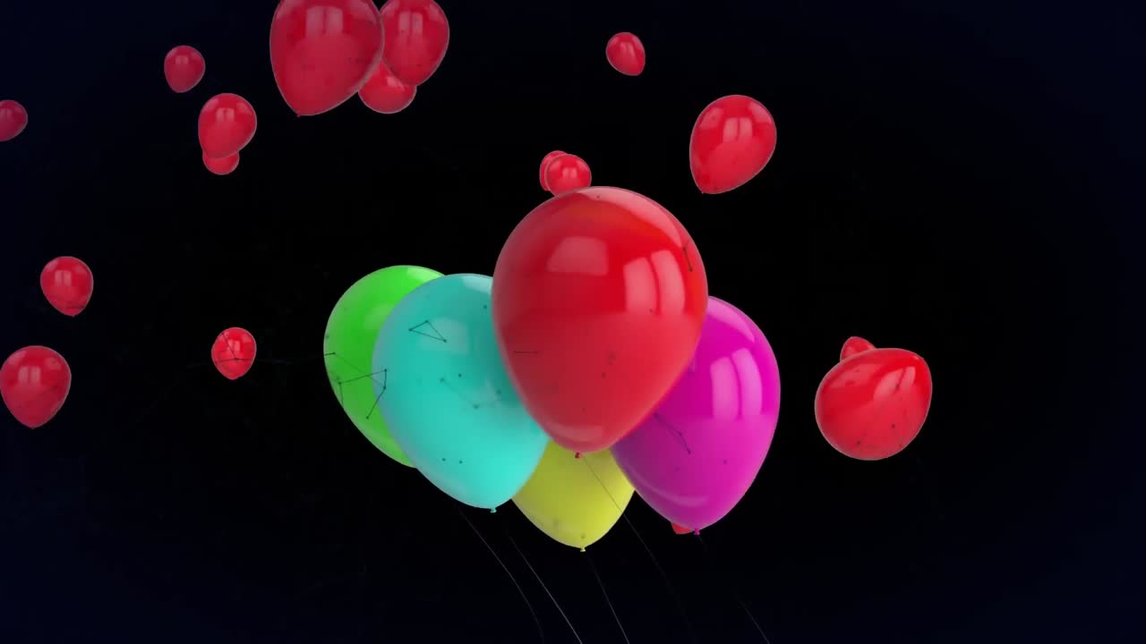 animación de globos coloridos, con globos rojos flotantes y confeti cayendo en negro