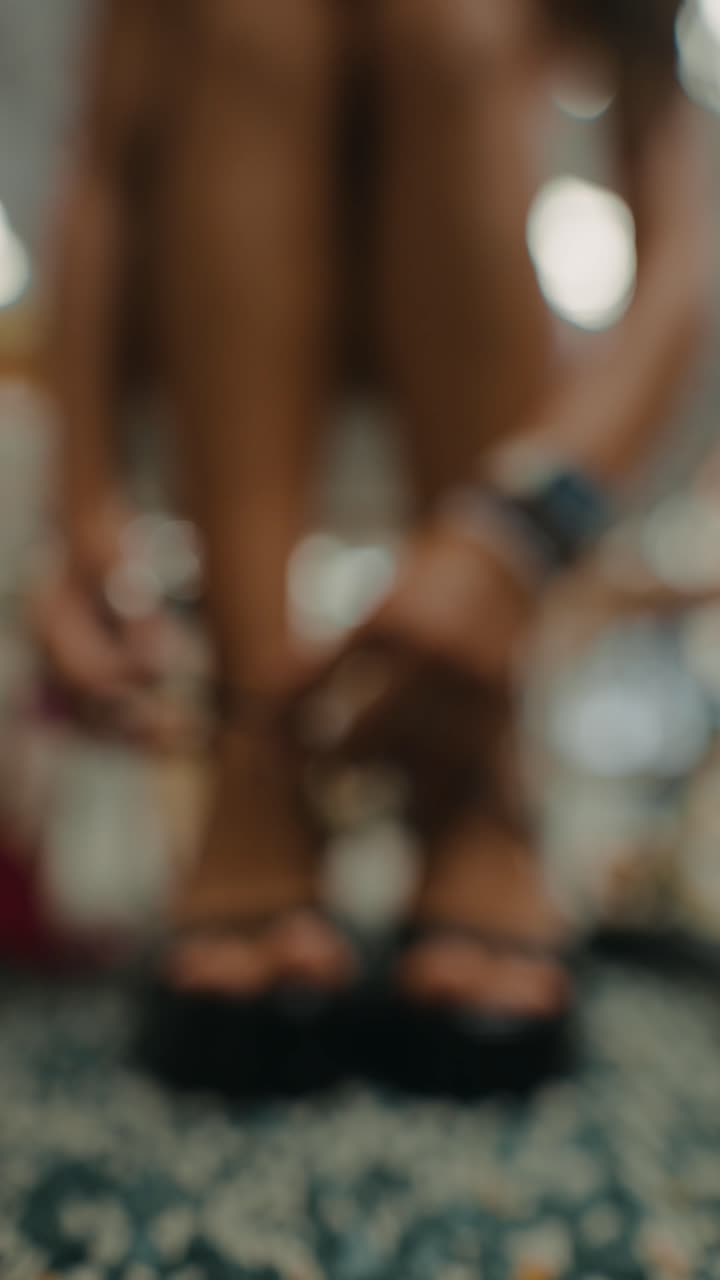Woman tying her platform sandals
