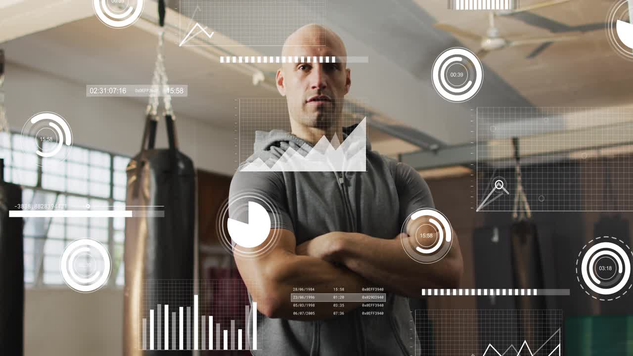 Male trainer standing arms crossed in boxing gym, HUD charts sliding right around him showing stats