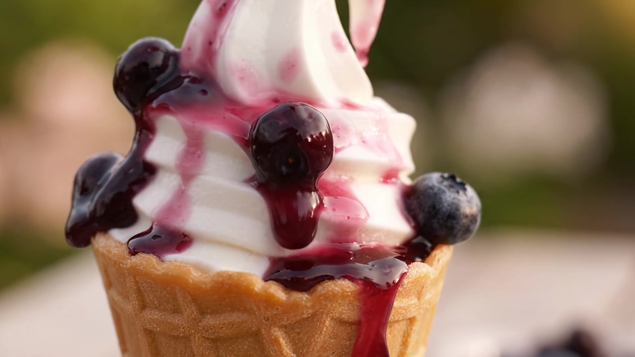 Un cono gelato deliziosamente goloso con volute di gelato soft, guarnito con mirtilli succosi e una ricca salsa ai frutti di bosco per una tentazione irresistibile.