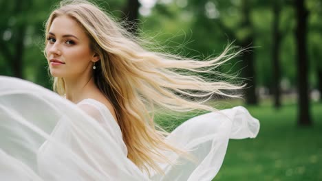 captivating moments of grace: a young woman dances in nature, her long hair flowing with the breeze while draped in a ethereal white fabric in a serene outdoor setting