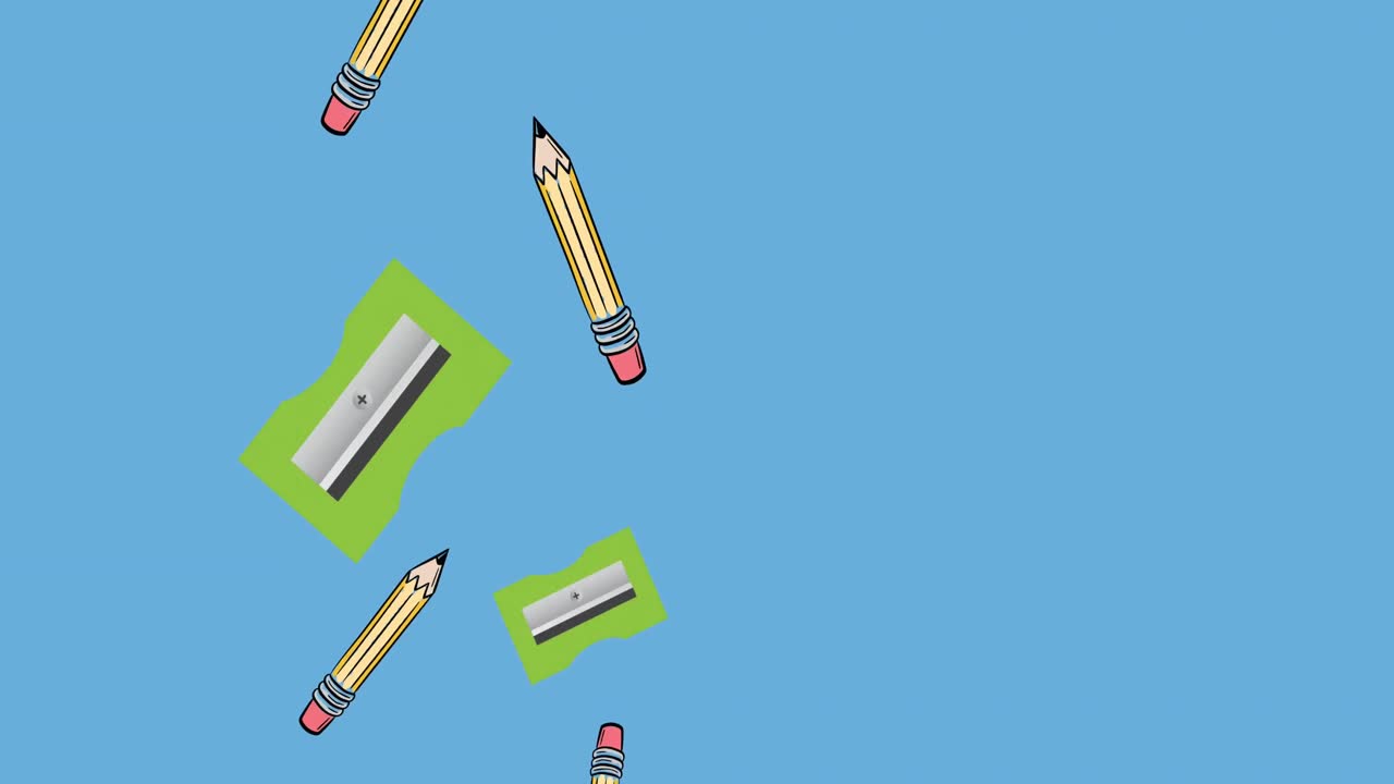 animación de lápices, afiladores y cortadores que caen sobre un fondo azul.