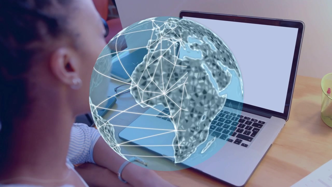 Woman watching laptop globe appearing rotating nodes linking laptop to world tech network